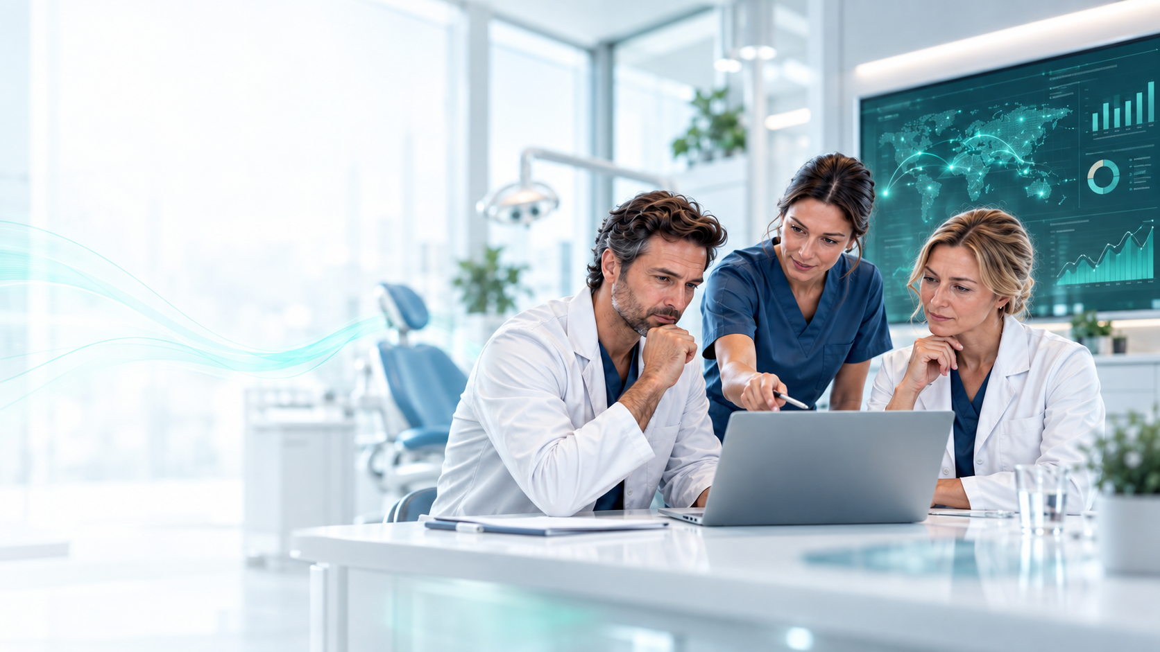 Profesionales dentales analizando datos del mercado en una clínica moderna