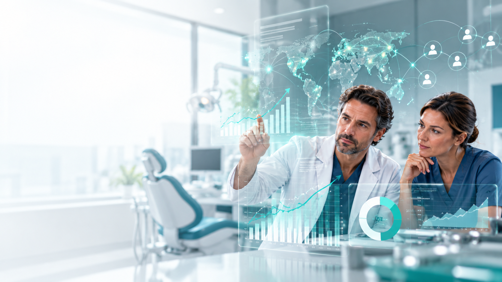 Profesionales analizando gráficos y tendencias del mercado dental